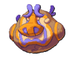 A Vereso from LumenTale with a big orange nose, purple eyebrows, and purple body marks on it