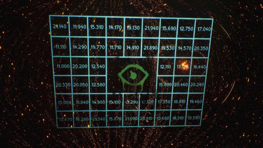 Grid with radio frequencies and White Rabbit eye at its center. Gold circles on top of 17.120 frequency 