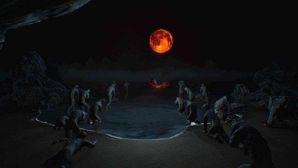 Blood moon and river with stone people trying to approach the land in the distance