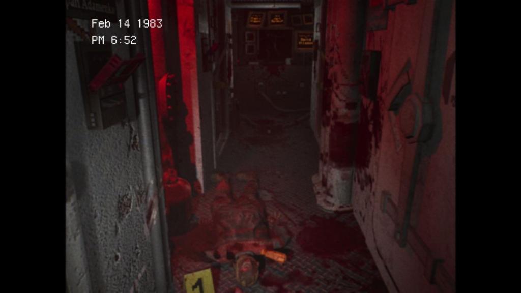 Bloody hallway of the MOLE vessel with crime scene numbered signs