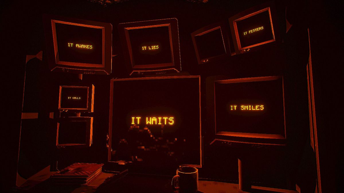 Words on various monitors saying "it waits, it smiles, it screams"