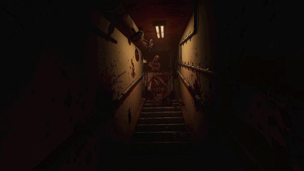 The monster walking down the dimly lit stairwell