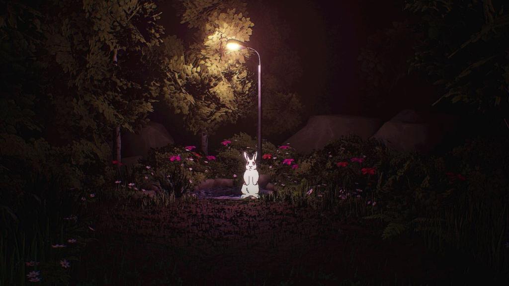 White Rabbit standing in front of hole with realistic trees surrounding it