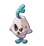 A small white rock creature with a green tail
