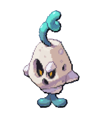 A small white rock creature with a green tail