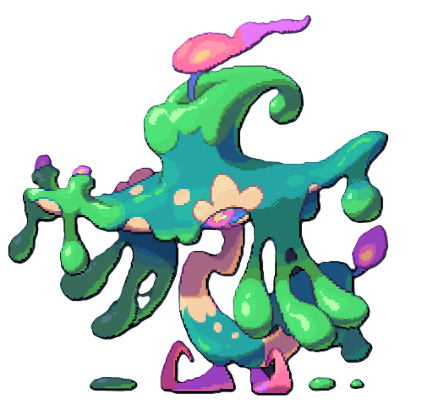 A green, gooey creature with a pink flame atop its head. This is Nefandle from LumenTale