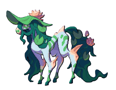 Nelumbier, a larger version of Cadedro, a blueish horse with lilypad designs on its body