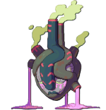 A giant metalic heart that resembles a factory with toxic fumes coming out of the top of it and pink goo from its chambers