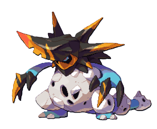 A giant creature with a rocky skull-like body and a pronged obsidian head with orange tips