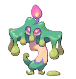 A green creature with elongated ears that drip in greenish goo. A purple flame sits on top of its head