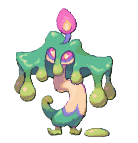 A green creature with elongated ears that drip in greenish goo. A purple flame sits on top of its head