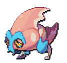 A small, sad pink fish creature with blue accents.