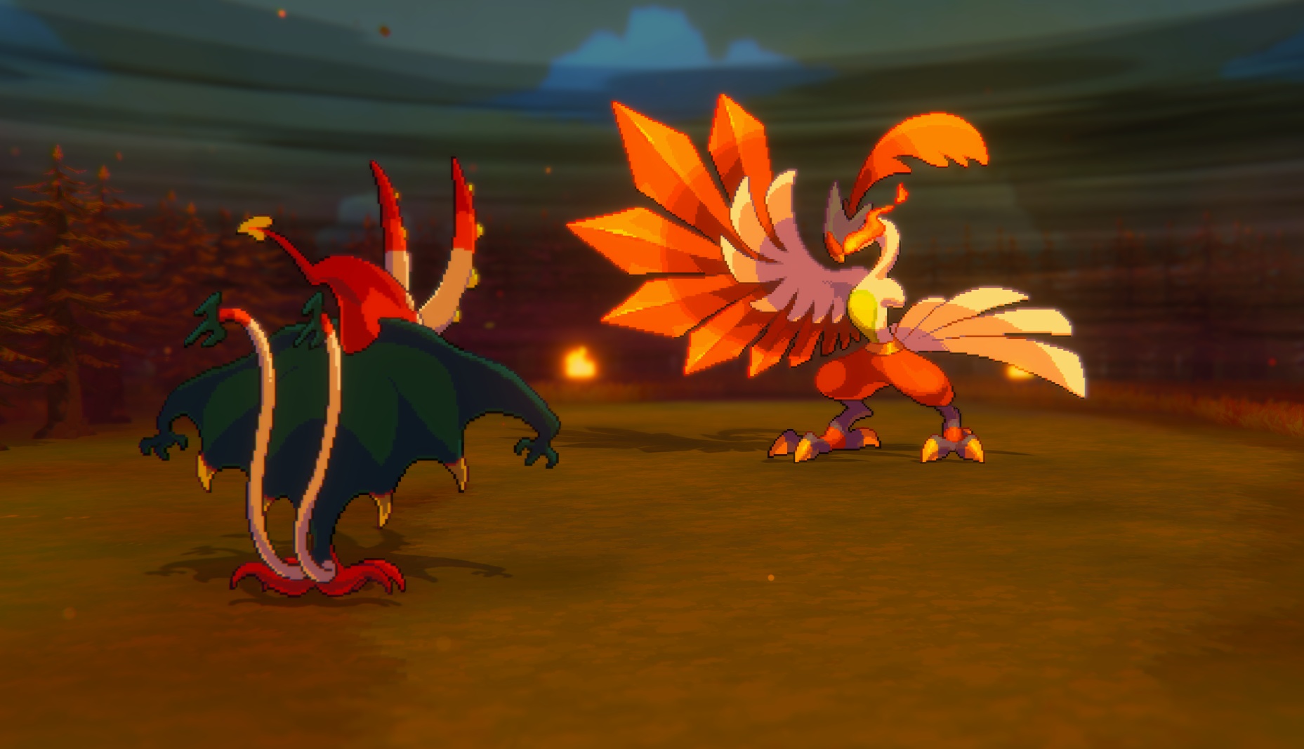 A screenshot showing a Dracumar facing a Pymant, a one-winged white and red bird creature from LumenTale