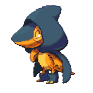 A shy-looking dragon creature with a black hood and black rainboots