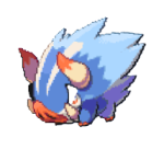 A blue furry little pig creature with two sets of horns.