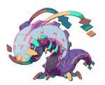A giant silverfish-like creature with colorful pixel pattern designs