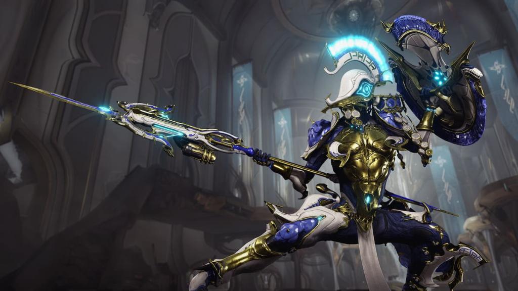 Styanax Prime with his Signature Afentis Prime speargun in Warframe.