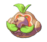 A round orb creature with a big nose and leaves for hair and mustache
