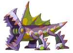 A purple and green metallic aligator whose head is a bear trap