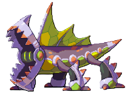A purple and green metallic aligator whose head is a bear trap