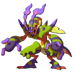 A green, purple, and orange bug-like creature standing on two legs