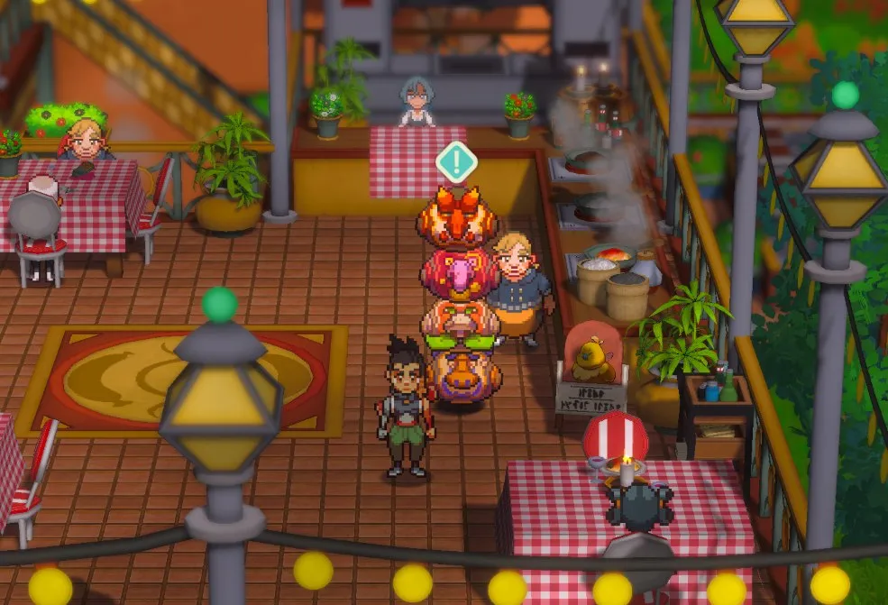 4 Veveso stack on top of each other while a quest symbol appears over their heads.
