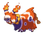 An orange and white llama creature with flames coming out of its head. This is Volcabecko from LumenTale