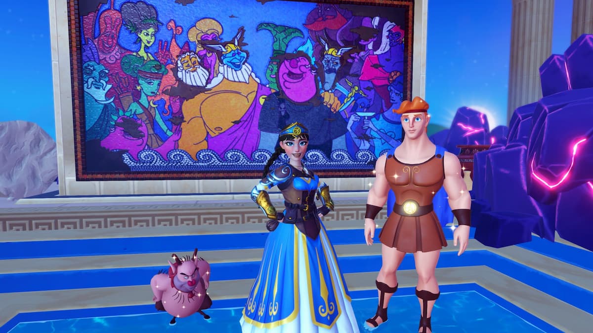 Standing with Phil and Hercules in front of mosaic in disney dreamlight valley