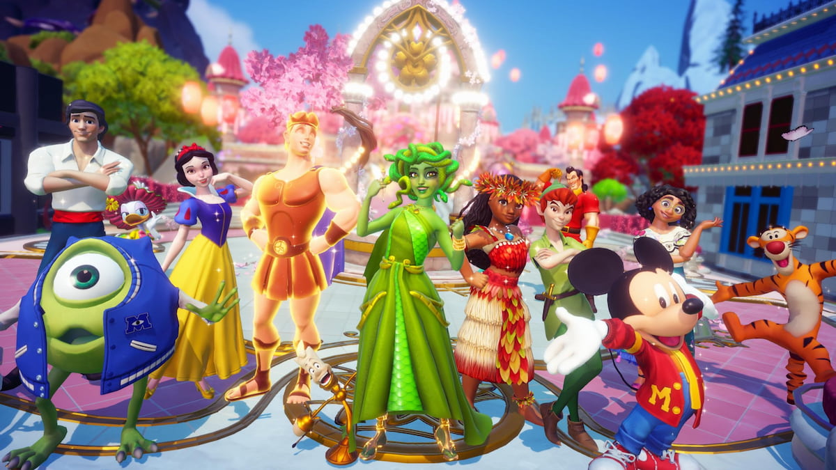A player posing with a large group of villagers in disney dreamlight valley