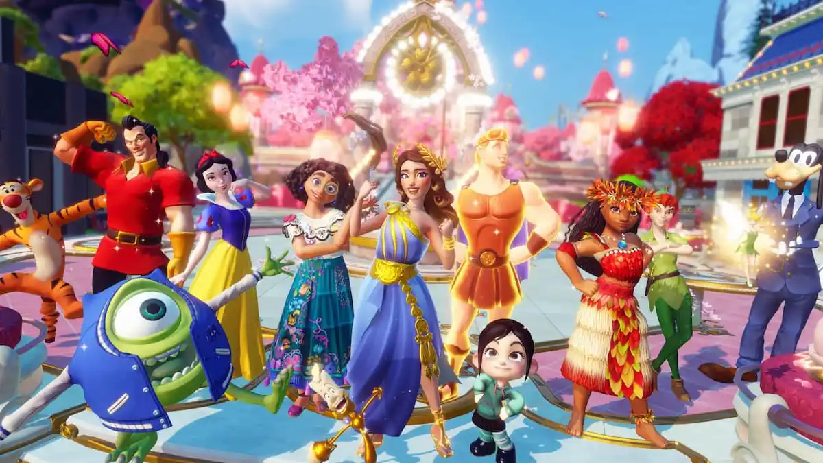 Player standing with a big group of villagers in disney dreamlight valley