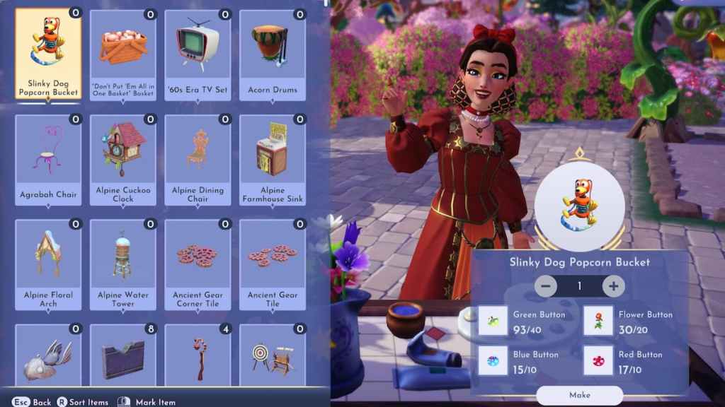 Crafting slinky popcorn bucket in Disney Dreamlight Valley.