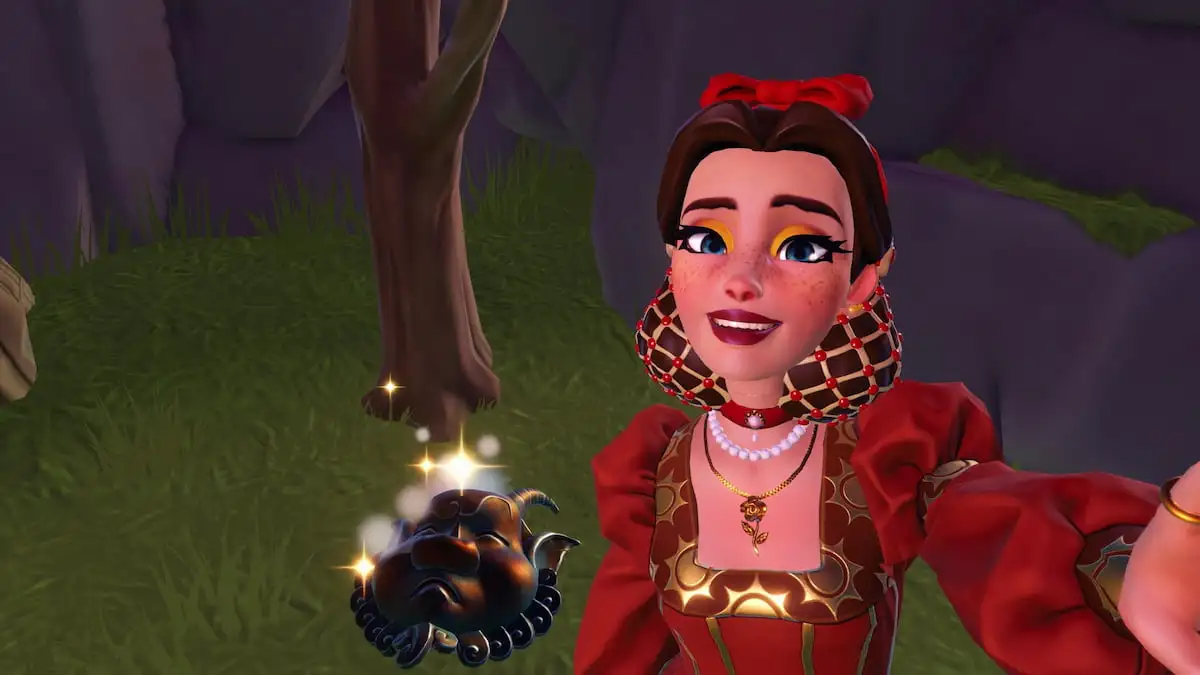 Taking picture with mask of tragedy drama mask on the ground in disney dreamlight valley