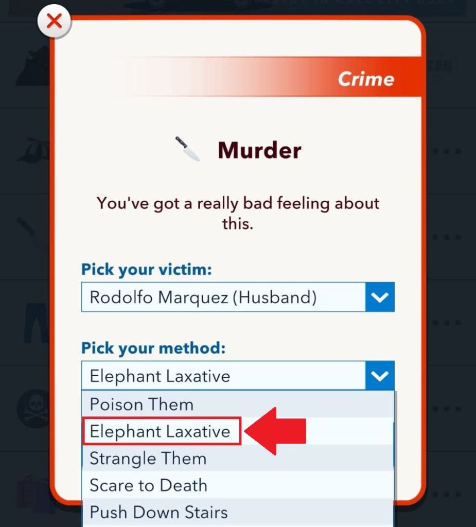 elephant laxative murder method marked in bitlife