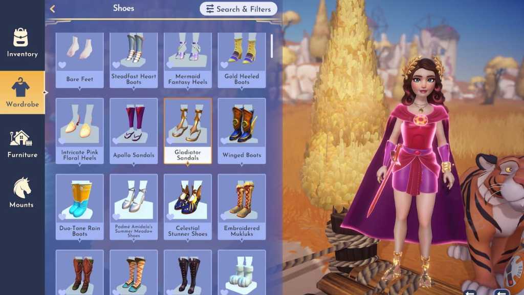 Equipping gladiator sandals in disney dreamlight valley