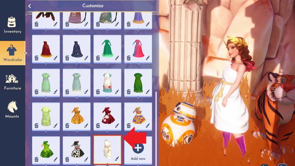 Equipping Ivory and Gold Toga Dress in Disney Dreamlight Valley