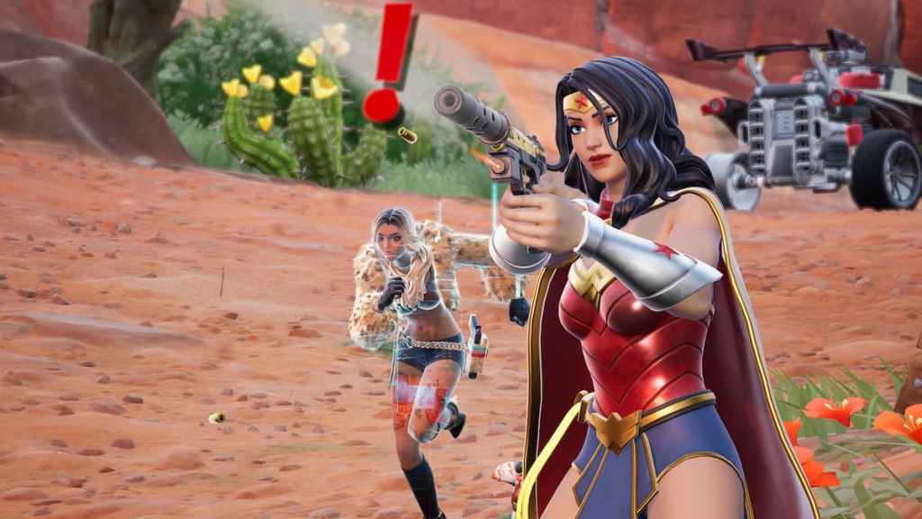 Wonder woman fighting with a specialist at her side in fortnite