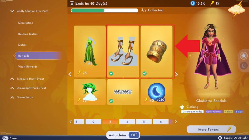 Gladiator Sandals and Olympian Bracelet marked on star path in Disney Dreamlight Valley