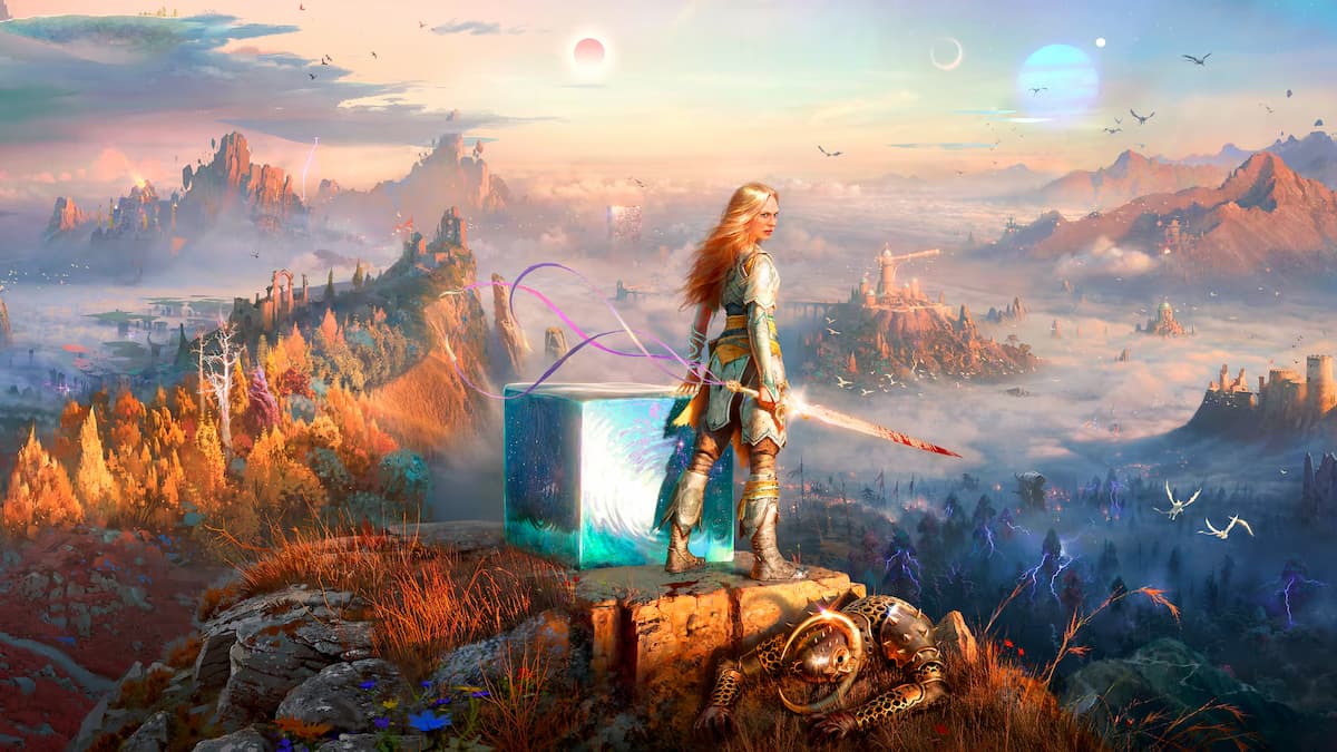 Faye and the cosmic cube Phranque standing on a mountain overlooking a fantastical world in God of War Laufey.
