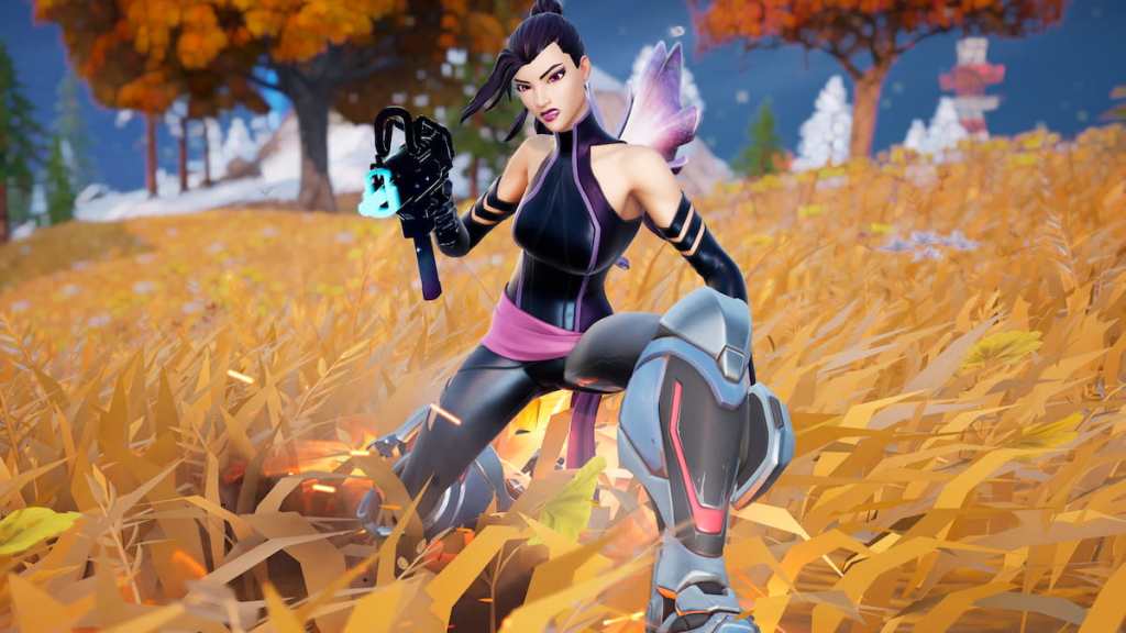 Psylocke holding a gun ans shooting while using seven sliders in fortnite