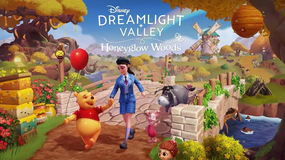 A player in a blue suit outfit walking with eeyore, piglet, and pooh in disney dreamlight valley