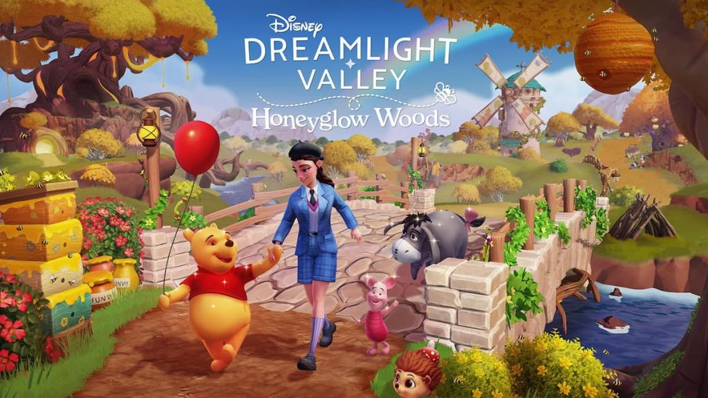 A player in a blue suit outfit walking with eeyore, piglet, and pooh in disney dreamlight valley
