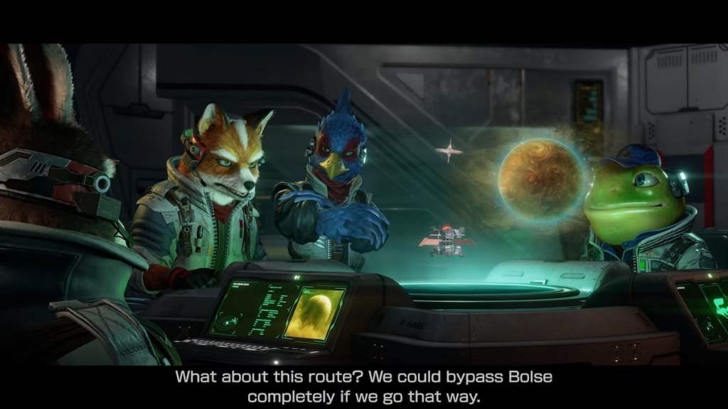 The Star Fox cast talking during a mission cut scene briefing. 