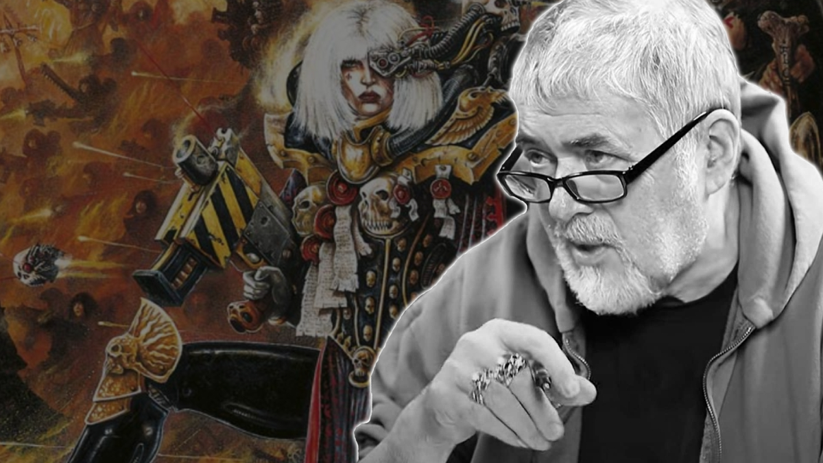 Artist John Blanche with a Sister of Battle from 40K behind him.