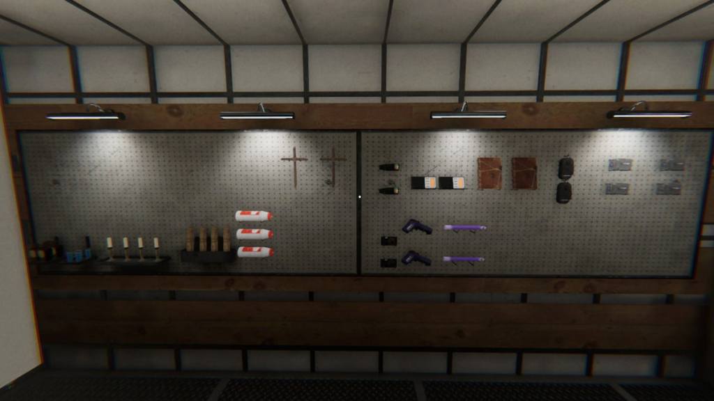 Challenge equipment hung on the wall in Phasmophobia.