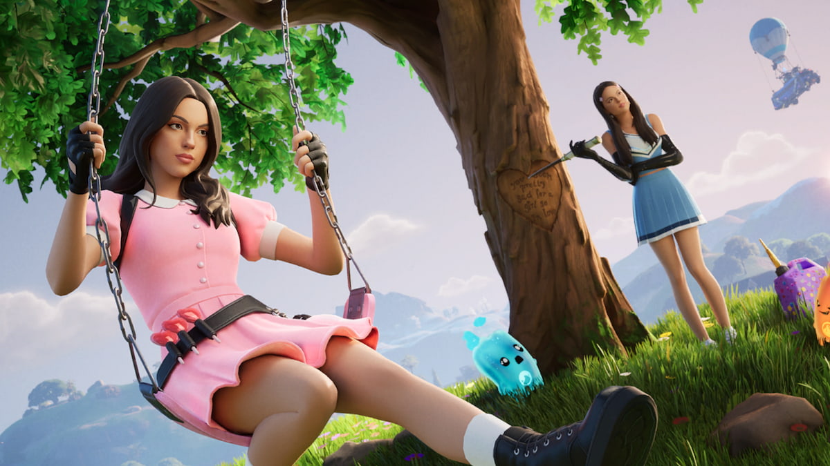 Olivia Rodrigo on a swing and standing by a tree in fortnite