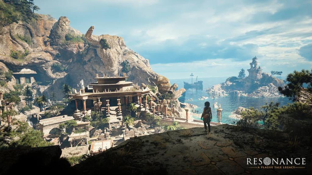 Sophia standing at the edge of a cliff above a Greek temple with Venetian ships in the background in Resonance: A Plague Tale Legacy. 