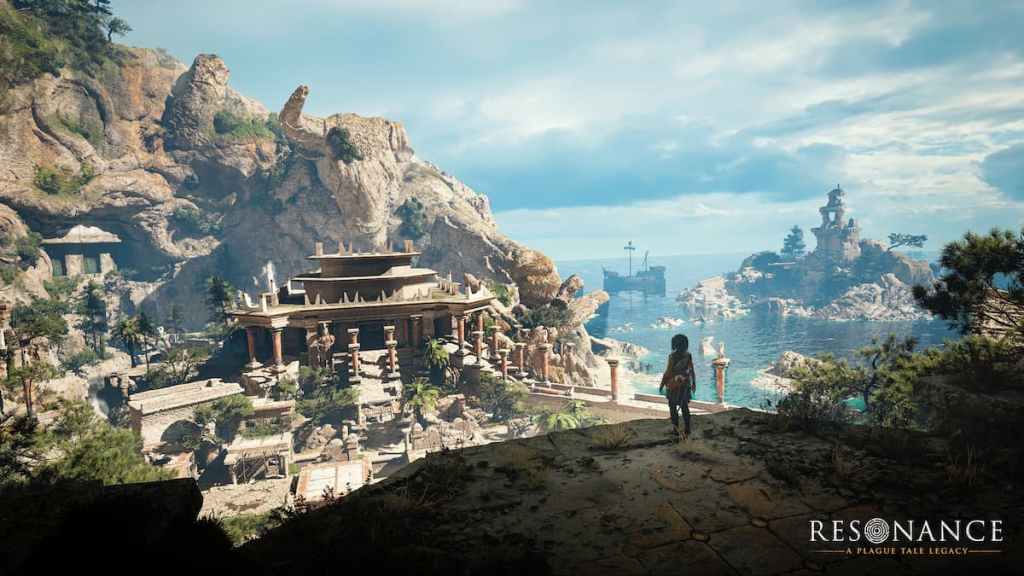 Sophia overlooking an ancient temple on Crete with Venetian ships on the sea in the background in Resonance: A Plague Tale Legacy. 