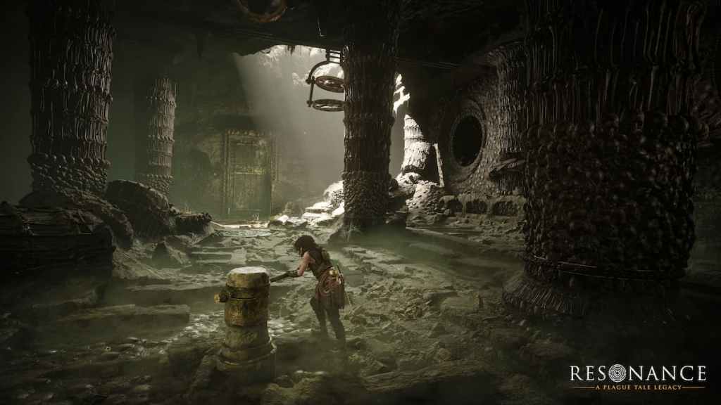 Sophia solving a puzzle in a derelict location in Resonance: A Plague Tale Legacy. 