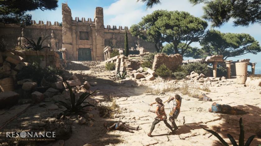 Sophia fighting a soldier in front of an ancient Greek fort in Resonance: A Plague Tale Legacy.