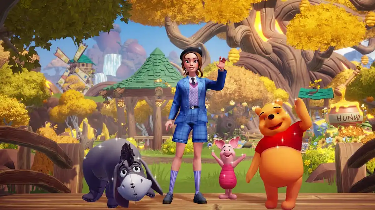 A player in a blue suit outfit standing with eeyore, piglet, and pooh in disney dreamlight valley